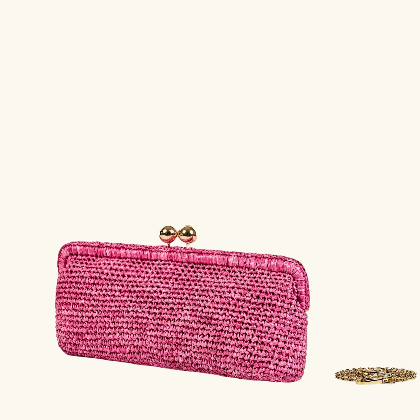 Natural Italian crochet raffia clutch bag with gold-tone clasp and removable chain strap