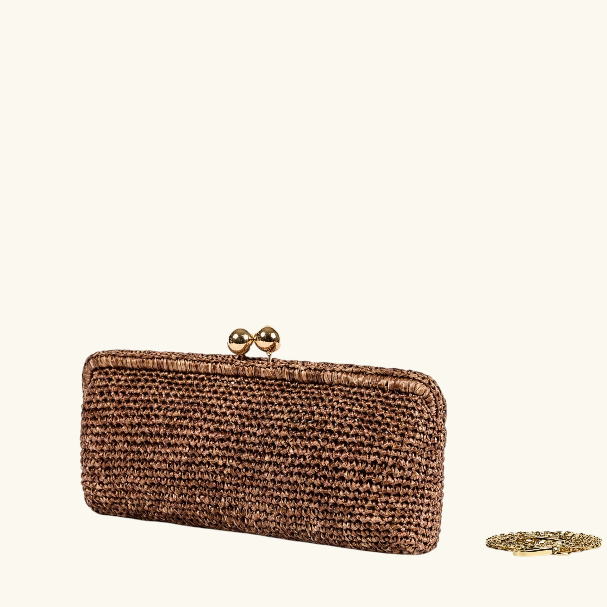 Natural Italian crochet raffia clutch bag with gold-tone clasp and removable chain strap