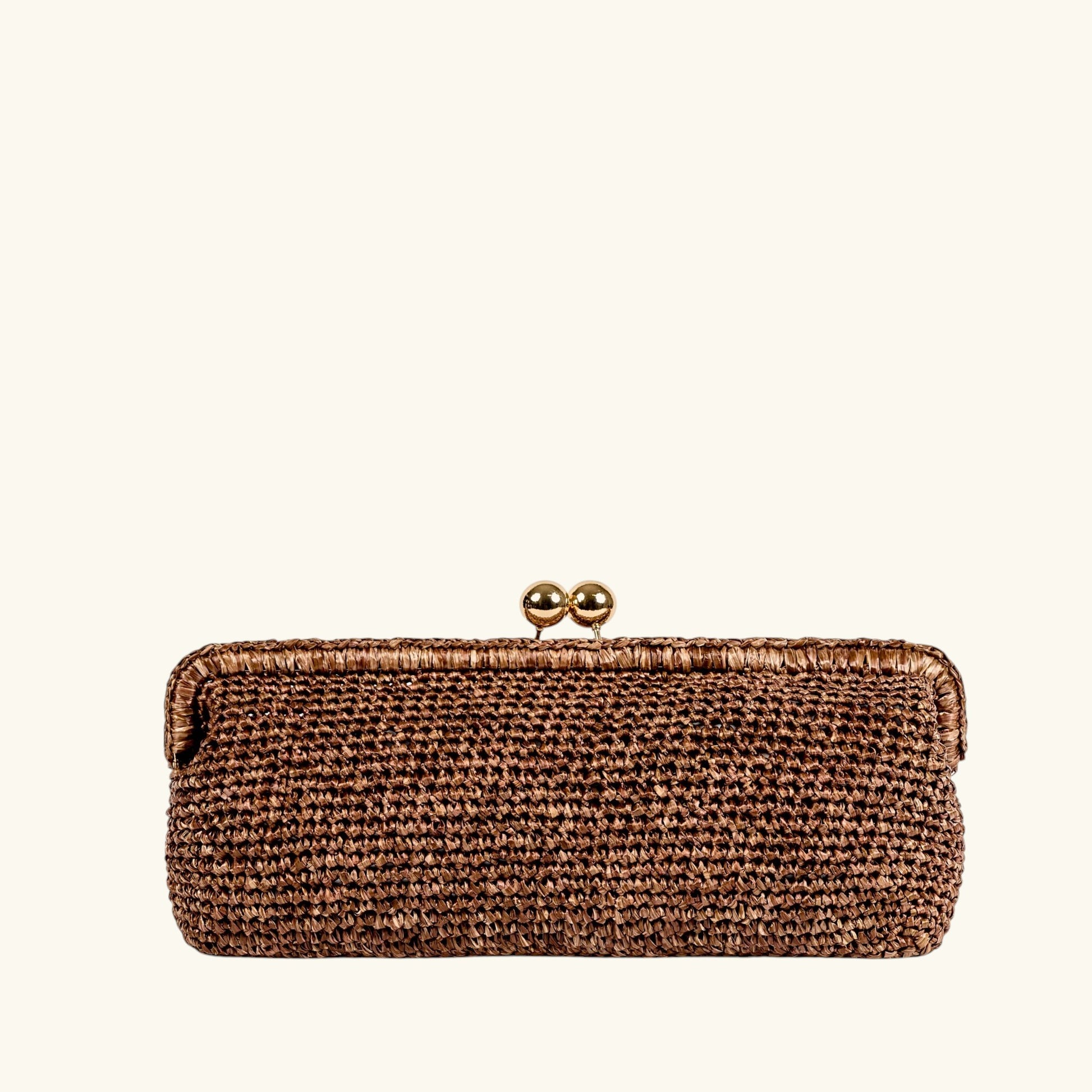 Natural Italian crochet raffia clutch bag with gold-tone clasp and removable chain strap