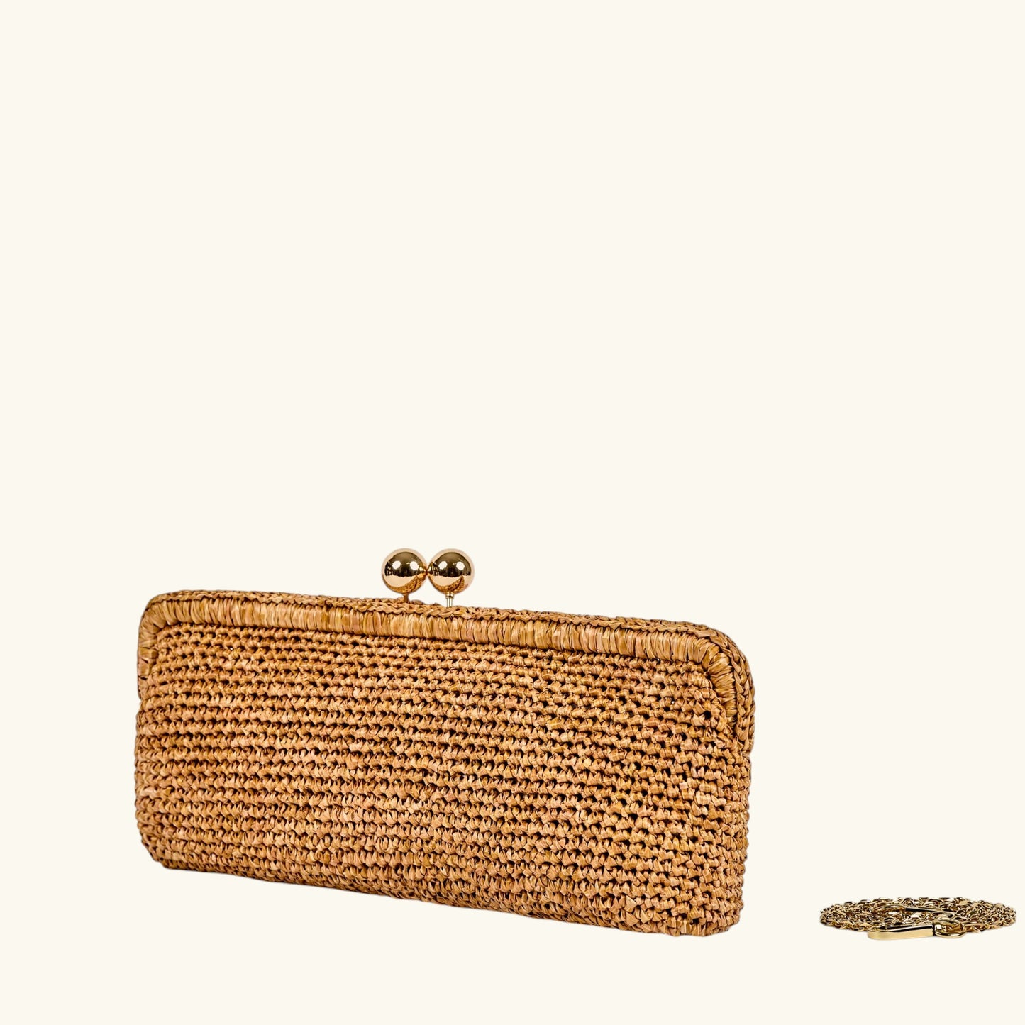 Natural Italian crochet raffia clutch bag with gold-tone clasp and removable chain strap
