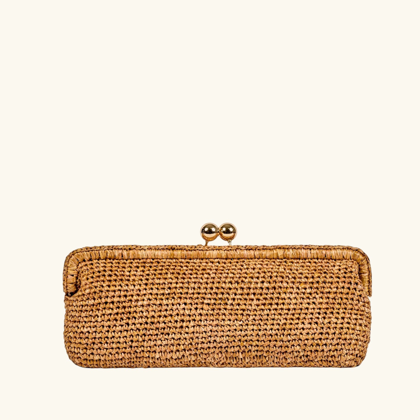 Natural Italian crochet raffia clutch bag with gold-tone clasp and removable chain strap