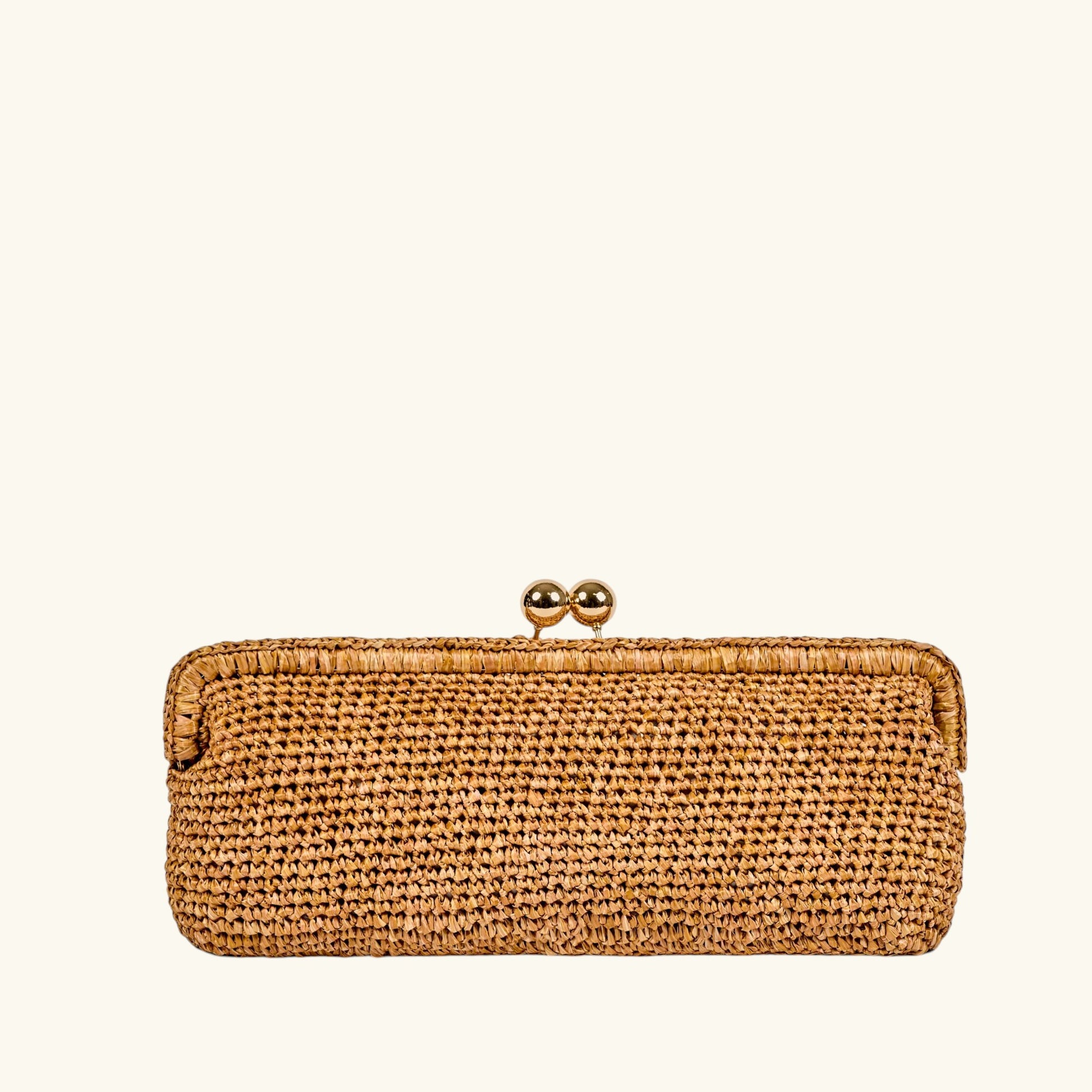 Natural Italian crochet raffia clutch bag with gold-tone clasp and removable chain strap