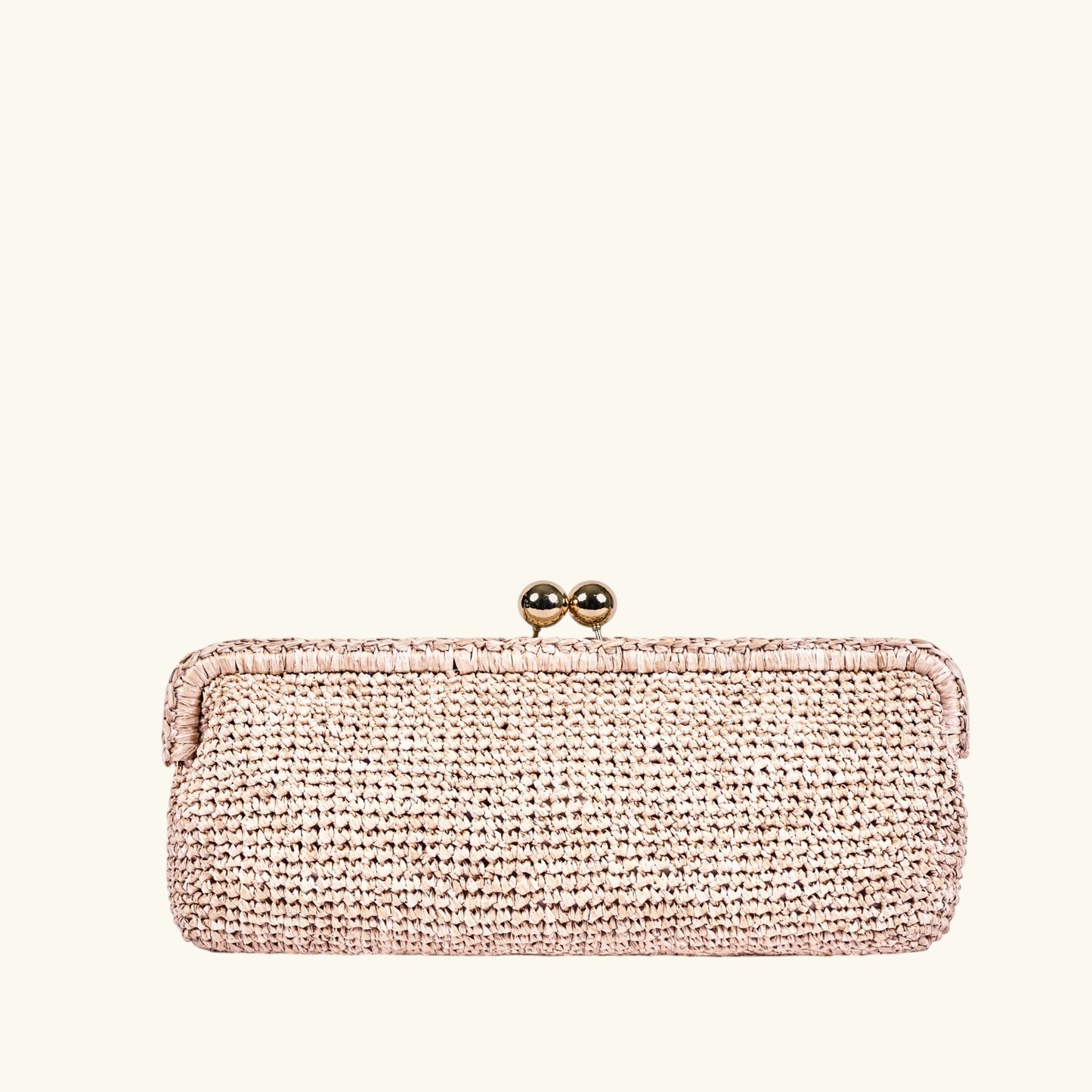 Natural Italian crochet raffia clutch bag with gold-tone clasp and removable chain strap