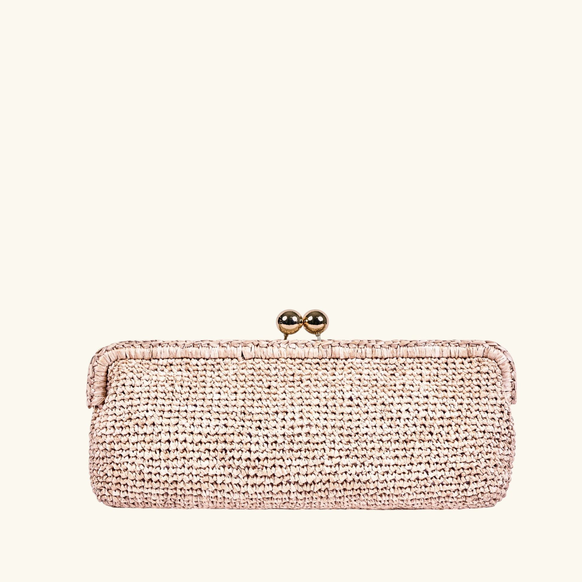 Natural Italian crochet raffia clutch bag with gold-tone clasp and removable chain strap