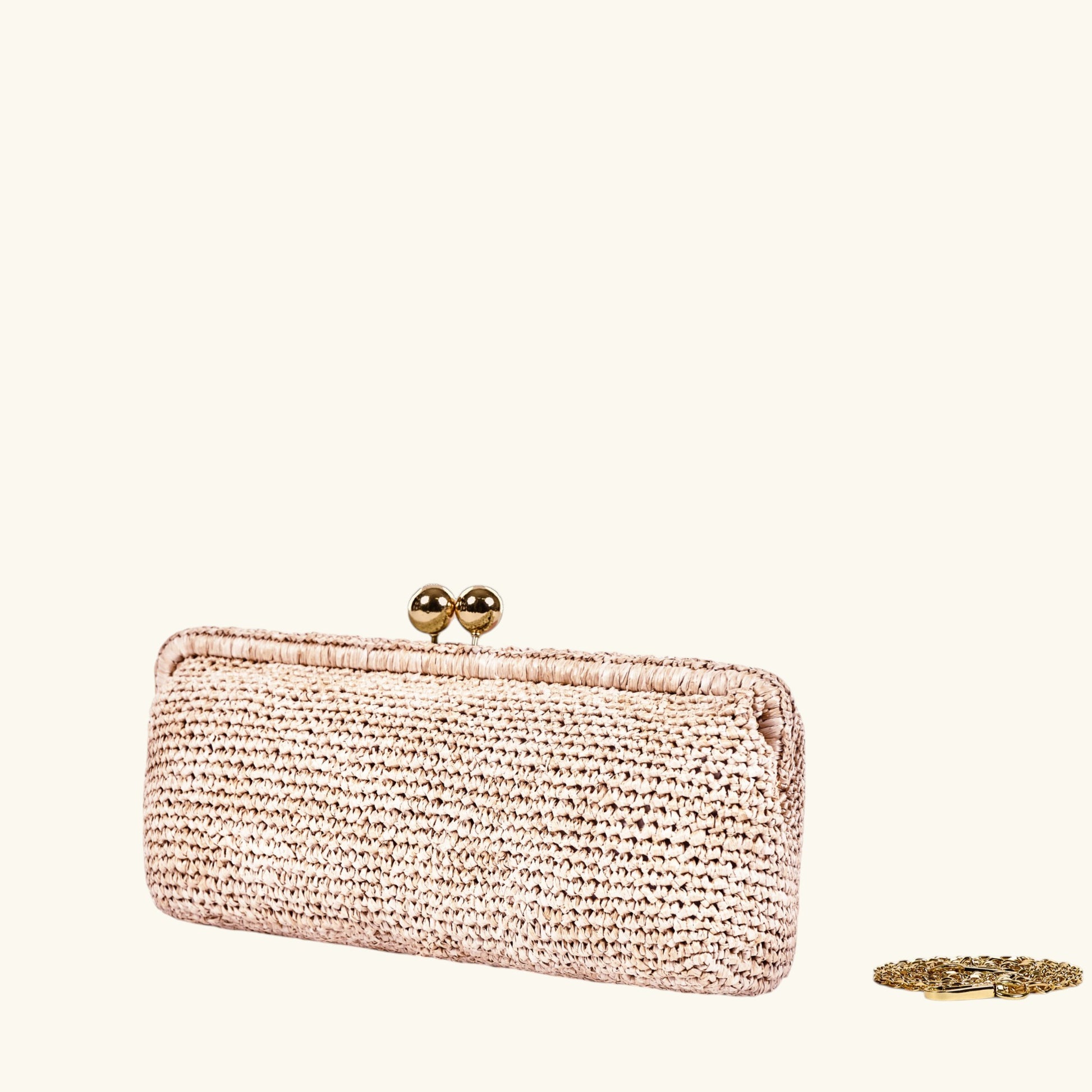 Natural Italian crochet raffia clutch bag with gold-tone clasp and removable chain strap