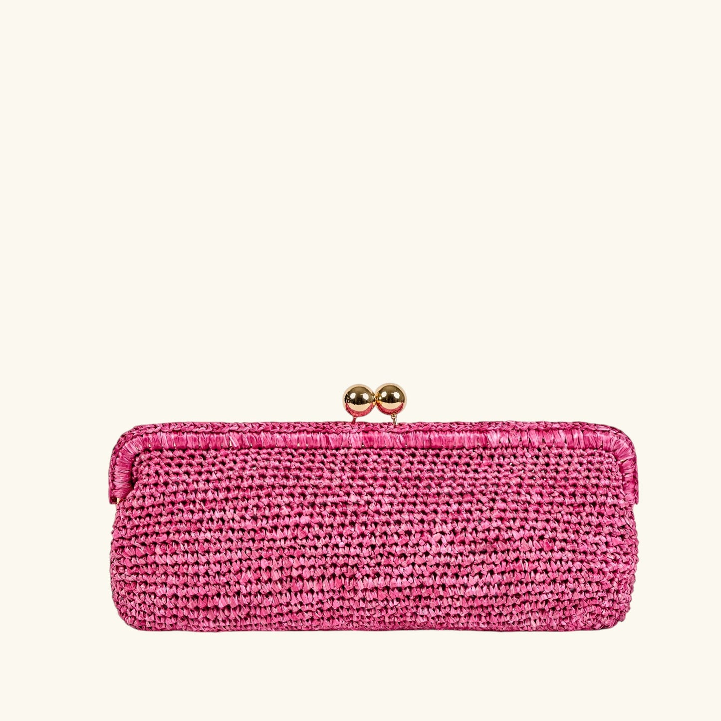 Natural Italian crochet raffia clutch bag with gold-tone clasp and removable chain strap