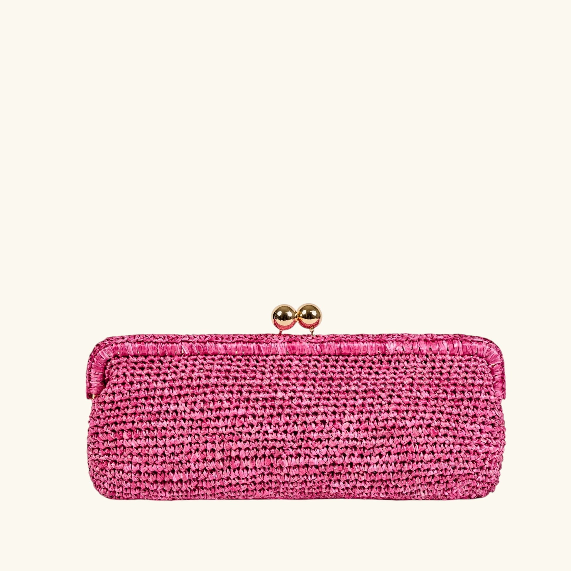 Natural Italian crochet raffia clutch bag with gold-tone clasp and removable chain strap