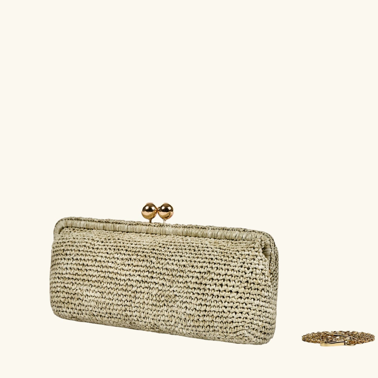 Natural Italian crochet raffia clutch bag with gold-tone clasp and removable chain strap