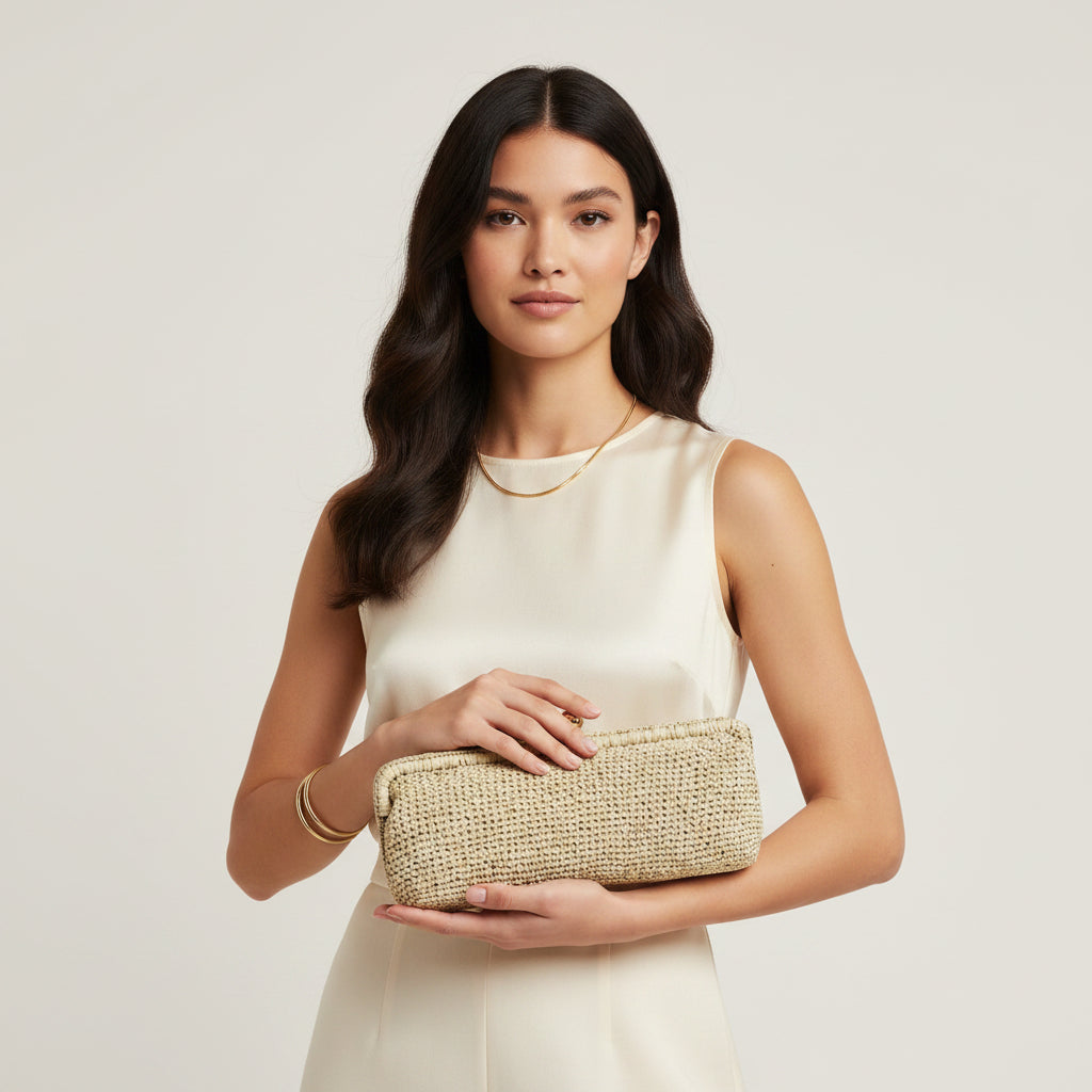 Natural Italian crochet raffia clutch bag with gold-tone clasp and removable chain strap